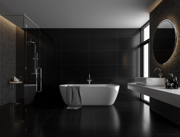 Lifestyle image of a black tiled bathroom